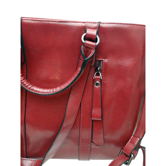 Red S-Zo e Oil Leather Satchel Work Tote - Picture 4 of 6